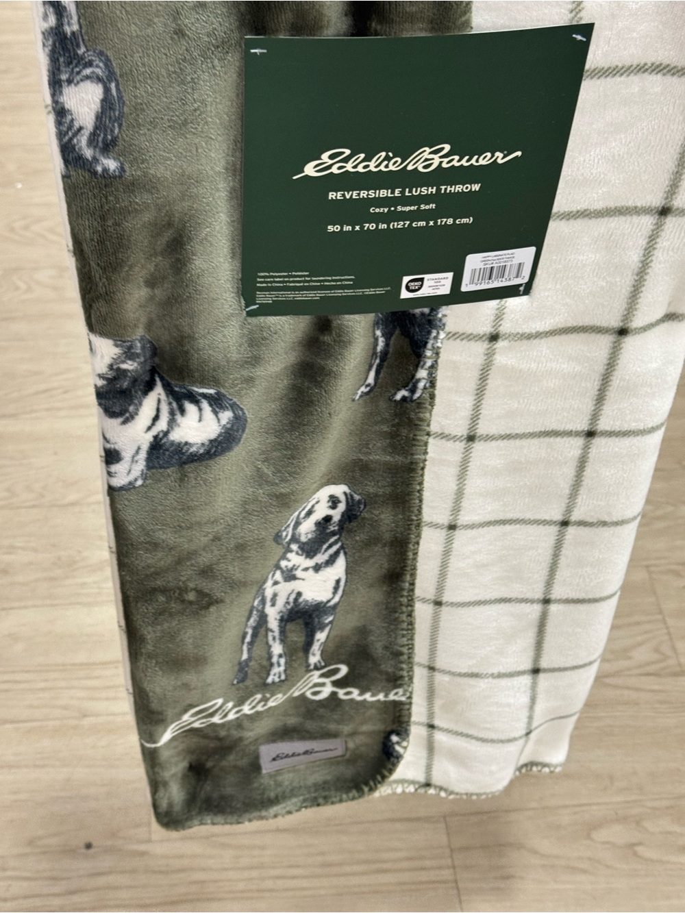 Eddie Bauer Reversible Plush Throw - Olive Green & Cream Plaid with Dog Print
